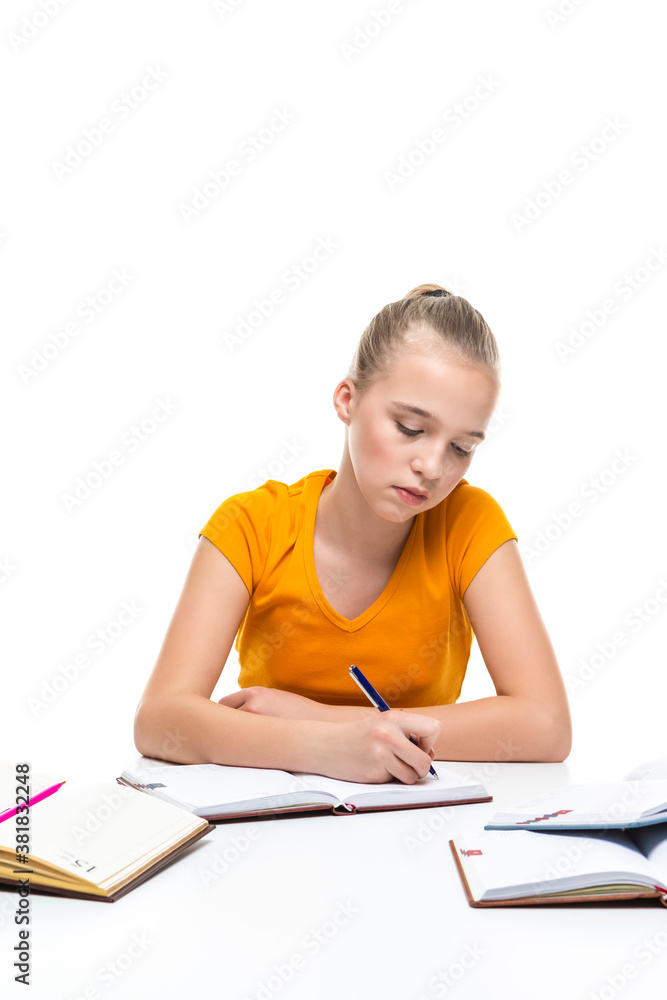 Caucasian Teenager Girl Making Notes in Notebook Indoor. Isolated On White. Caucasian Teenager Girl Making Notes in Notebook Indoor. Isolated On White.