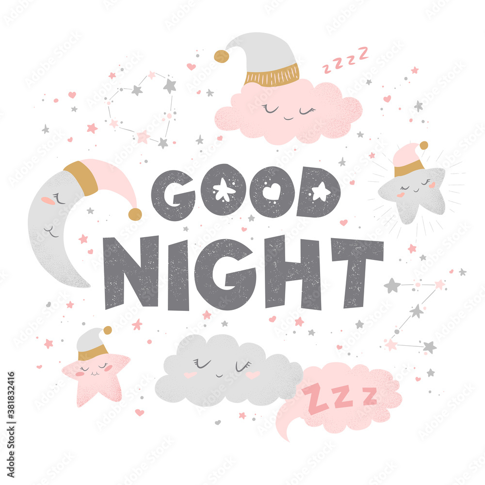 Vector illustration with cute hand drawn cartoon clouds, moon, stars ...