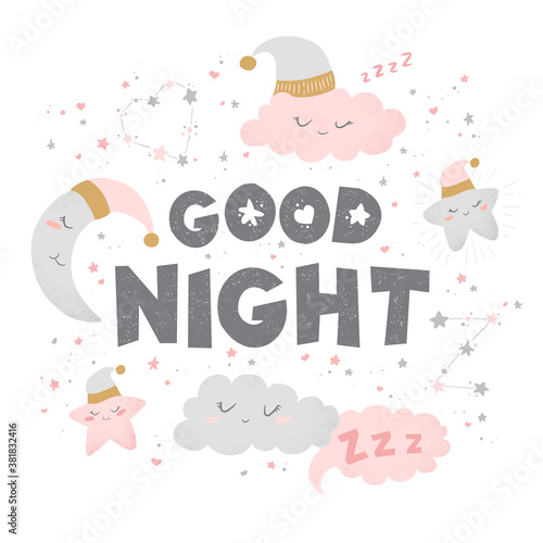 Vector illustration with cute hand drawn cartoon clouds, moon, stars and quote Good night isolated on white background. Design for print, fabric, wallpaper, card, baby room decoration