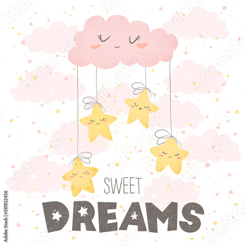 Vector illustration with cute hand drawn cartoon clouds, stars and lettering Sweet dreams isolated on white background. Design for baby room decoration, print, fabric, wallpaper, card