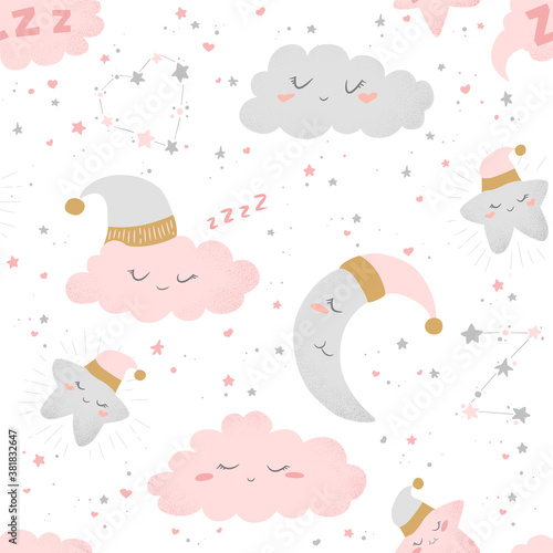 Vector seamless pattern with cute hand drawn cartoon clouds, moon and stars isolated on white background. Design for print, fabric, wallpaper, card, baby room decoration, textile