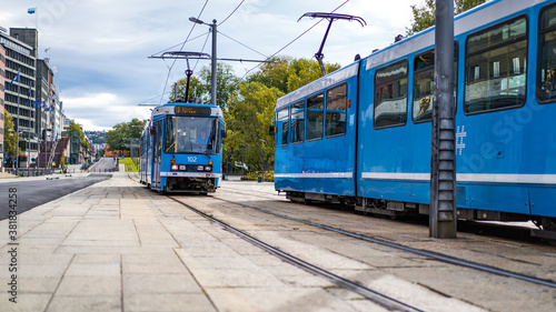 Two trams meet at the town hall square photo