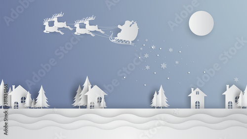 Landscape of countryside in winter with snowfall. Scenery of winter. Merry Christmas. paper cut and craft style. vector, illustration.