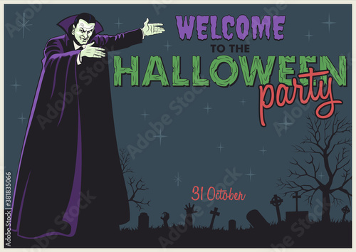 Welcome to the Halloween Party Invitation Template, Vampire and Cemetery 