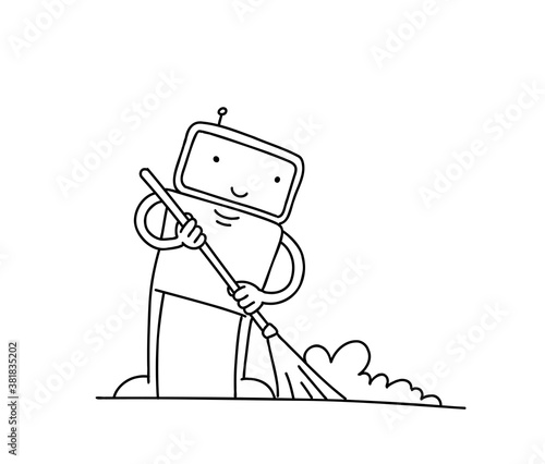 Robot cleaner sketch. With broom. Tidy up cleaning. Housekeeper the character. Illustration hand drawn.