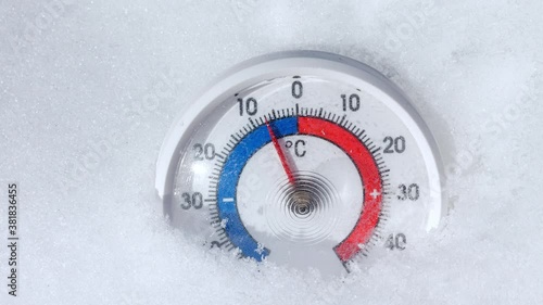 Outdoor thermometer with Celsius scale placed in snow showing temperature dropping from zero to minus 25 degrees severe cold winter weather 4K timelapse photo
