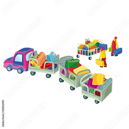 car brings luggage to the plane together with working people, cartoon illustration, isolated object on white background, vector,