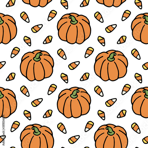 Fototapeta Naklejka Na Ścianę i Meble -  Seamless pattern with pumpkin and candies on white background. Vector image.