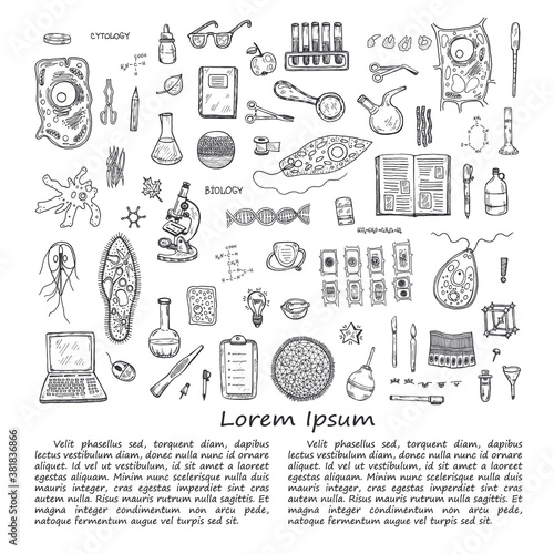 Illustration with hand drawn biology images and other elemets. Science collection. Vector.