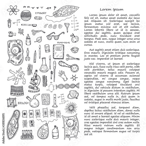Illustration with hand drawn biology images and other elemets. Science collection. Vector.