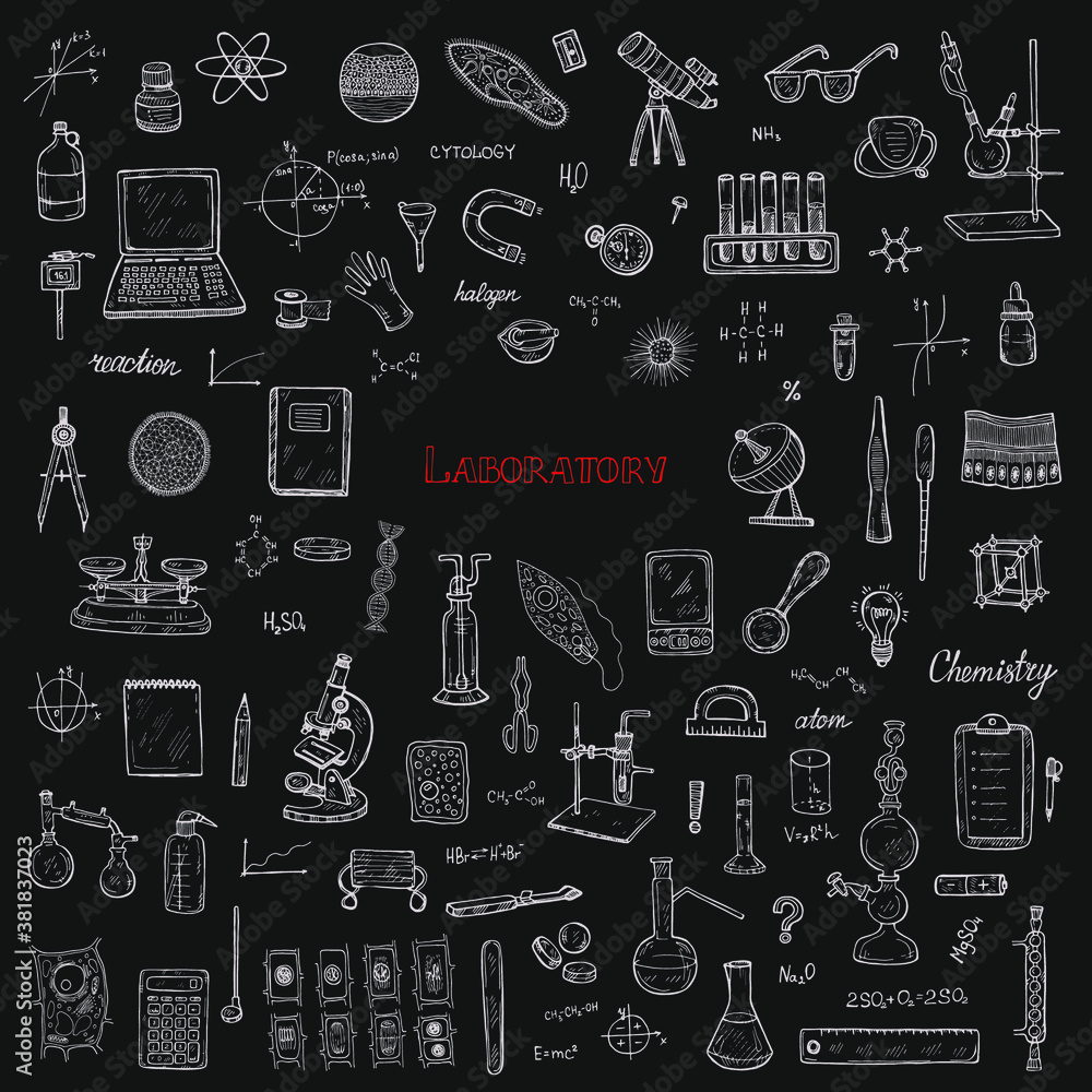 Set with hand drawn scientific objects and elements. Laboratory theme collection. Vector illustration Set with hand drawn scientific objects and elements. Laboratory theme collection. Vector illustration