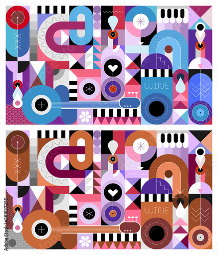 Two options of Abstract art composition of wine bottles and music instruments. Geometric style vector illustration. Can be used as seamless background.