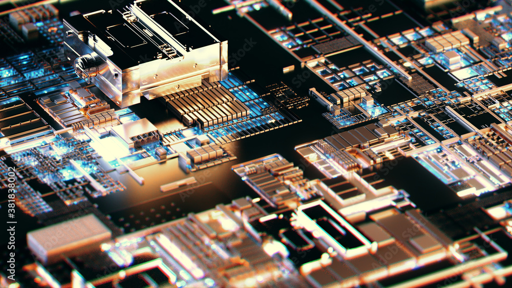 Detailed electronic board. Abstract circuit plate closeup background 3d illustration