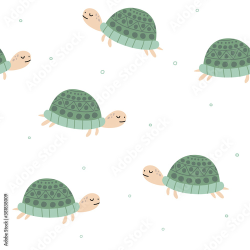 Turtles, hand drawn backdrop. Seamless pattern with turtles. Vector flat illustration. Pattern with animals, reptiles. For wallpaper, textiles, fabric, paper.