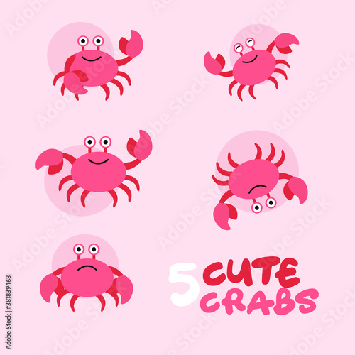 Crab cartoon character.Simple cute animal  vector illustration in several posing. photo