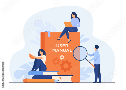 Tiny people with guide instructions or handbooks flat vector illustration. Cartoon characters reading user manual, guidebook or guidance. Help and book with instructions for use concept