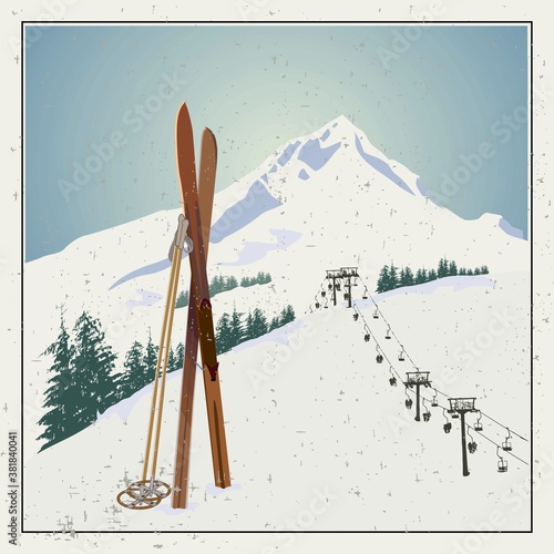 Vector winter themed template with wooden old fashioned skis and poles in the snow with snowy mountains and clear sky on background. Retro looking minimalistic skiing promotion poster template