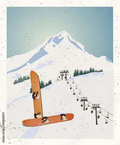Vector winter themed template with wooden old fashioned snowboards in the snow with snowy mountains and clear sky on background. Retro looking minimalistic skiing promotion poster template