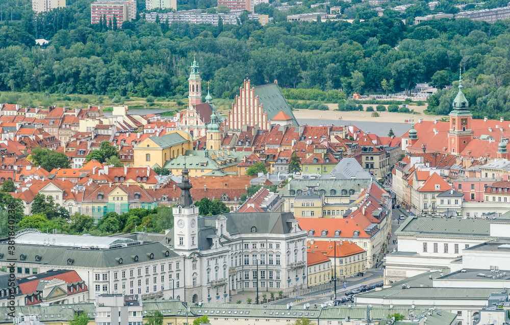 The pre-war town hall, the Royal Castle and the Old Town in Warsaw seen from above