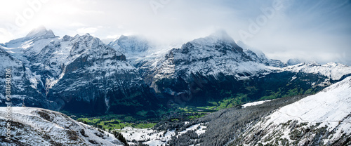 panoramic view from Grindelwald-First over Wetterhorn, Schreckhorn and Eiger with its Northface