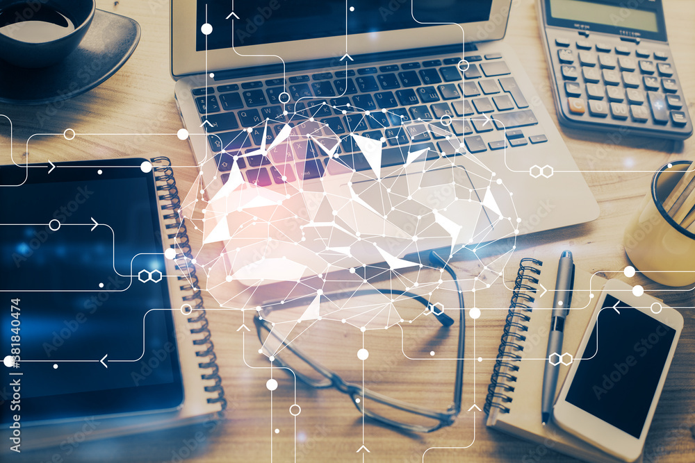 Double exposure of desktop with computer and brain drawing hologram. Artificial intelligence concept. Double exposure of desktop with computer and brain drawing hologram. Artificial intelligence concept.