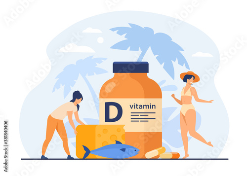 Tiny women eating fatty fish, vitamin D, cheese and sunbathing flat vector illustration. Cartoon ladies using food supplements for deficiency reduction. Wellbeing and health concept