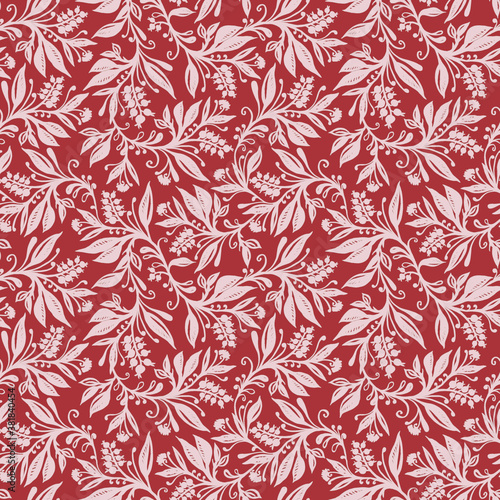 Floral seamless pattern with leaves and berries in wine red and pink colors, hand-drawn and digitized. Design for wallpaper, textile, fabric, wrapping, background.