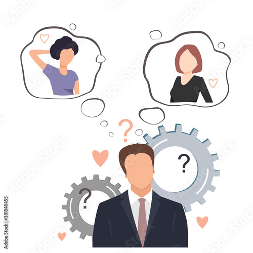 Undecided man doubting between two loves. Young businessman thinking about two pretty women and trying to decide which one he likes. Flat vector illustration