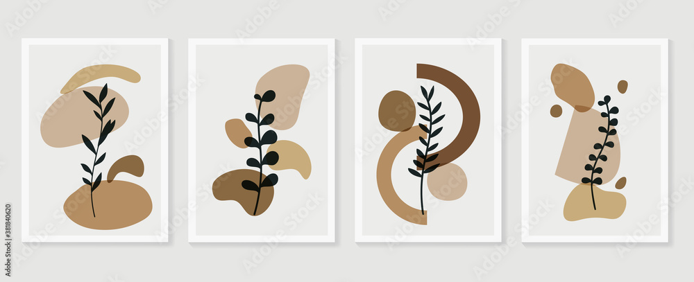 Botanical wall art vector set. Earth tone boho foliage line art drawing ...