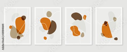 Botanical wall art vector set. Earth tone boho foliage line art drawing with  abstract shape.  Abstract Plant Art design for print, cover, wallpaper, Minimal and  natural wall art..