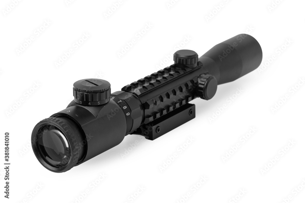 Black optical scope for weapon isolated on white