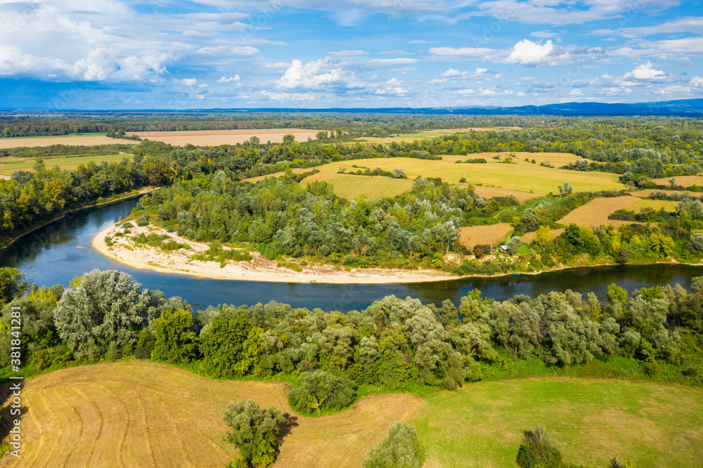 Aerial view of the Una River in the lower stretch between Croatia and Bosnia 