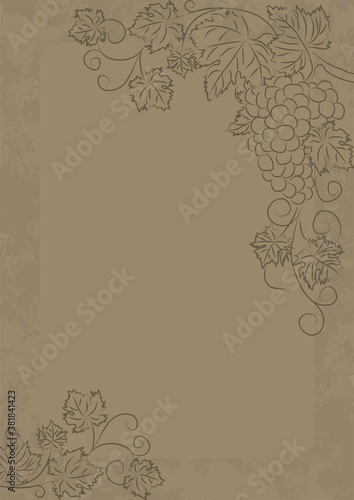 Contour drawing of a grapevine with a bunch on a light brown grunge background. Grape vector vintage A4 template. Background with copy space