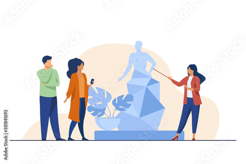 Guide telling about sculpture to tourists. Museum, travel, leisure flat vector illustration. Art and entertainment concept for banner, website design or landing web page