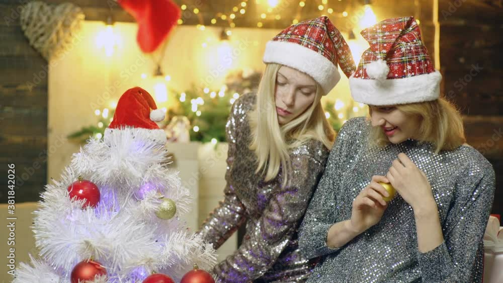 Two happy christmas girls. Cute woman with Santa hat smiling, having fun. Fashion women. Pretty Sisters Friends. Woman in trendy holiday dress. Two happy christmas girls. Cute woman with Santa hat smiling, having fun. Fashion women. Pretty Sisters Friends. Woman in trendy holiday dress.