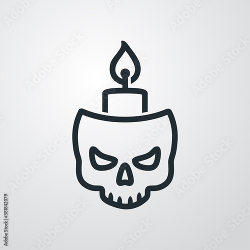 Decoración de Halloween. Logotipo lineal calavera con vela encendida en fondo gris