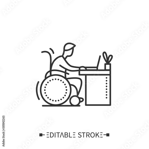 Workplace for disability man icon. Handicapped office worker. Inclusive workplace. Barriers-free environment and social adaptation for disabled people. Isolated vector illustration. Editable stroke 