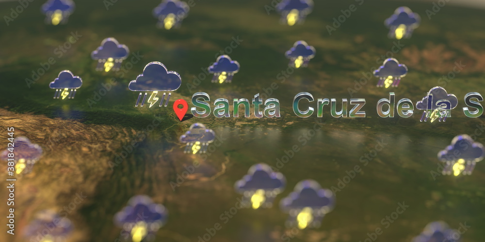 Santa Cruz de la Sierra city and stormy weather icon on the map, weather forecast related 3D rendering Santa Cruz de la Sierra city and stormy weather icon on the map, weather forecast related 3D rendering