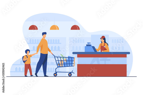 Father and son buying food in supermarket. Cashier, trolley, store flat vector illustration. Shopping and grocery store concept for banner, website design or landing web page