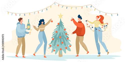 A group of friends are decorating a Christmas tree and celebrating Christmas. New Year celebration. illustration.