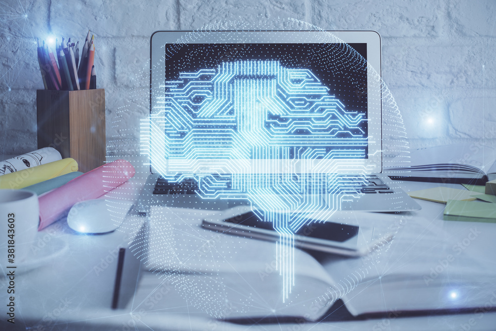 Double exposure of work space with computer and human brain drawing hologram. Brainstorm concept. Double exposure of work space with computer and human brain drawing hologram. Brainstorm concept.
