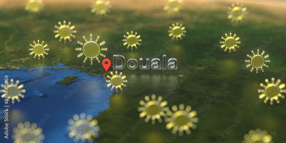 Sunny weather icons near Douala city on the map, weather forecast related 3D rendering