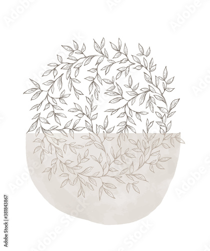 Abstract Hand Drawn Vector Illustration with Big Beige Semicirle and Gray Round Shape Floral Wreath. Modern Artistic Print Ideal for Wall Art, Poster, Card and Cover. photo