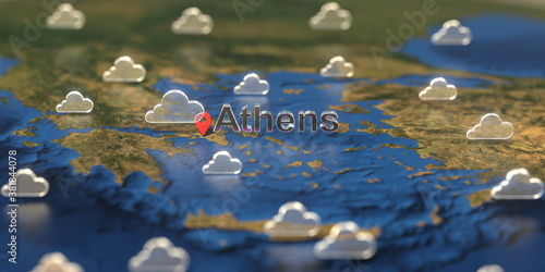 Athens city and cloudy weather icon on the map, weather forecast related 3D rendering