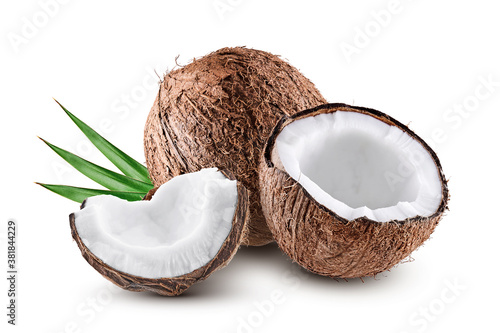 Coconut with half and slice isolated on white background 
