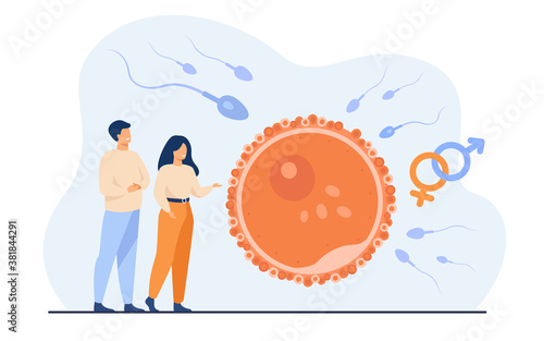 Tiny people planning baby flat vector illustration. Cartoon embryo development and human healthy reproduction symbolic visualization. Fertility and parenthood concept