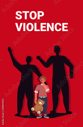 little crying girl listening parents shouting and quarrelling violence in family concept full length vertical vector illustration