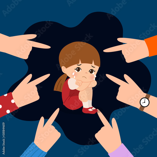 Girl crying because she is being bullied. Pointing fingers at children. Gossip, harassment, blaming concept. Flat vector cartoon illustration.