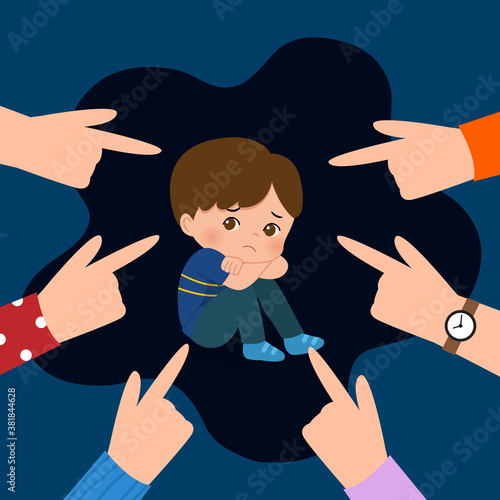 Boy feel upset because he is being bullied. Pointing fingers at children. Gossip, harassment, blaming concept.  Stop school bullying campaign. Flat vector cartoon illustration.