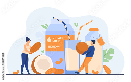 Tiny people near lactose free milk flat vector illustration. Cartoon vegan almond, oat, rice, soya and seed beverages. Wellness and delicious raw food concept